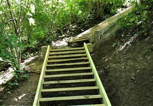 Wooden stairs leading down a steep hill