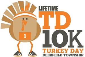 Lifetime Turkey Day 10k with image of a turkey in running shoes