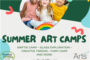 Flyer for Summer Arts Camps. Has a picture of 3 smiling children with a rainbow sculpture in front of them. Whimsical decorations scattered on flyer. Has the words Summer Art Camps in green font, with smaller text saying Swiftie Camp, Glass Exploration, C